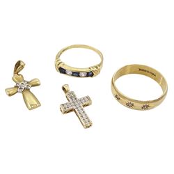 9ct gold jewellery including two diamond cross pendants, gypsy set three stone diamond ring and a five stone sapphire and cubic zirconia ring, all hallmarked