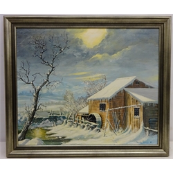  Mill in a Snowy Landscape, oil on board signed and dated Sheila Turner 87, 49cm x 59cm   