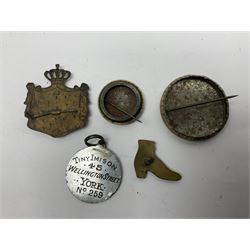 Made-up group of three WWI medals comprising 1914 Star awarded to 23598 Gnr. F. Jefferson R.G.A., British War Medal and Victory Medal with names removed; with ribbons on wearing bar; 1942 Motorist's Medal and small quantity of cap badges, Royalty badges etc