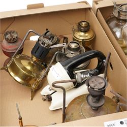 Swedish copper King of Stoves, another smaller, Tilley paraffin pressure iron, various table oil lamps and hurricane lamps