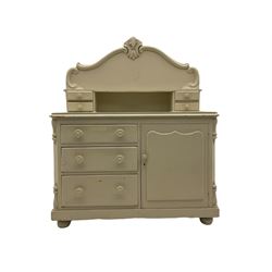 Victorian white painted pine chiffonier dresser, raised back with small drawers, fitted with single cupboard and three drawers