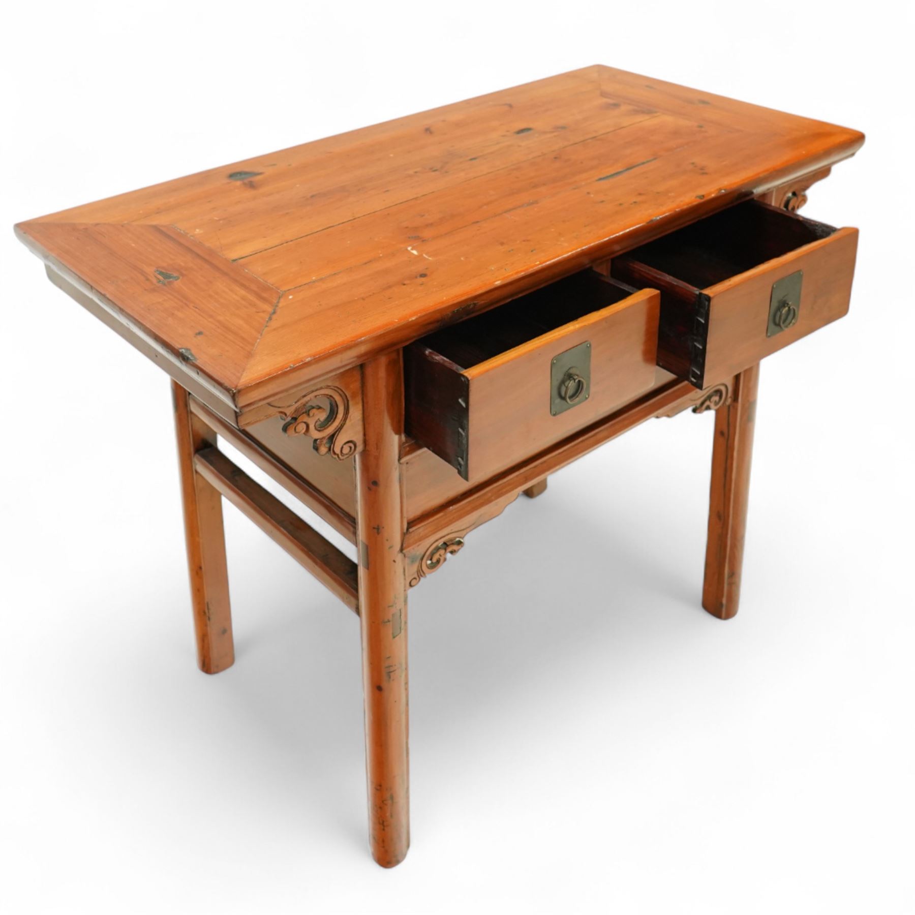 Late 20th century, Chinese elm low table, rectangular to over two drawers, decorated with floral carved brackets 