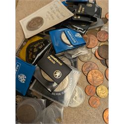 Collection of Great British and World coins, including 0.997 silver Laxmi Ganesh Krishiiamahavir Ambajishrinathji coin, American coins, commemorative coins, etc together with a silver fob medal, two Siam silver tie clips and a silver pen knife inscribed 1917