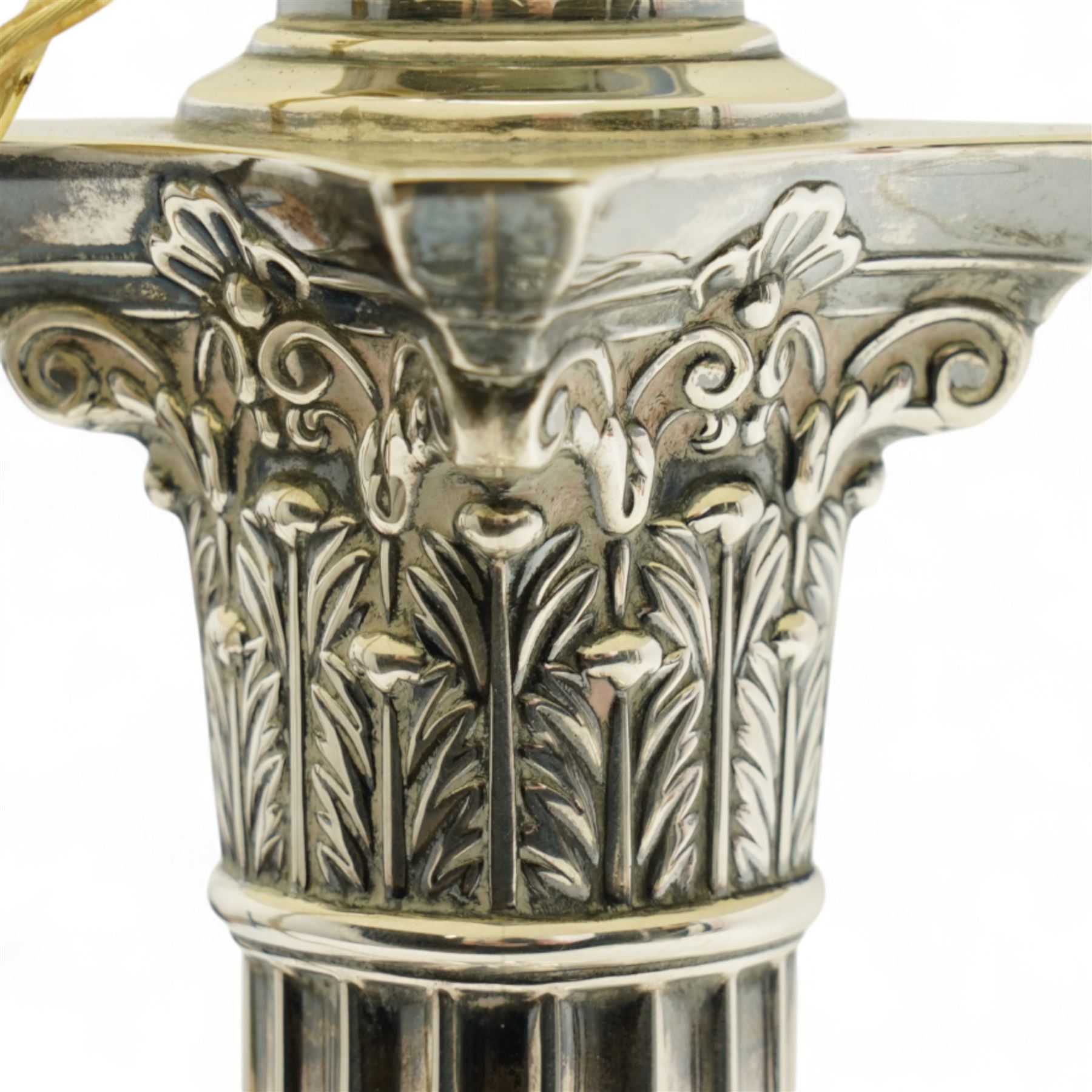  Edwardian Silver Corinthian column table lamp, the stepped square base with gadrooned border and with pleated shade H40cm excluding fitting Sheffield 1908 Maker Hawksworth, Eyre & Co. Ltd.