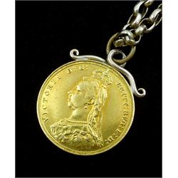Queen Victoria 1887 gold full sovereign, soldered mount, on Victorian rose gold chain, stamped 9c