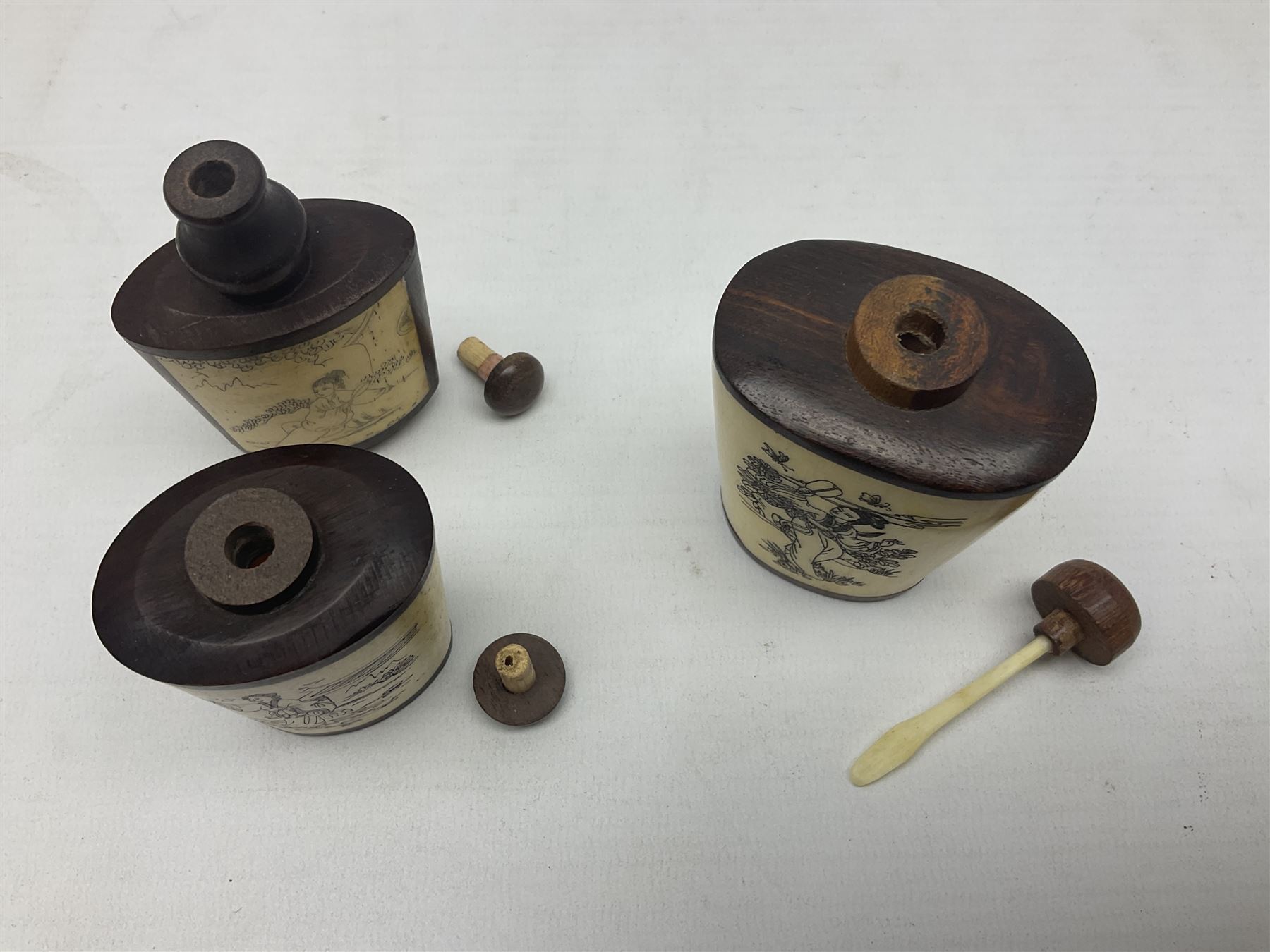 Seven Chinese glass snuff bottles painted with figures and animals, together with three wood mounted bone examples