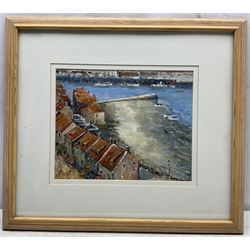 Alan Thorpe (British 20th century): 'The Fish Pier from the East Cliff Whitby', acrylic on board signed, titled on gallery label verso 22cm x 27cm