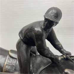 After E Loiscay, bronzed figure group, modelled as two race horses, signed E Loiscay, upon a stepped marble plinth, overall H28cm