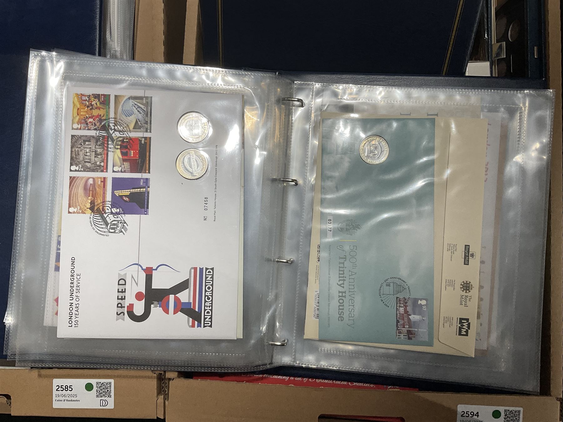 Approximately one hundred and fifteen Royal Mint coin covers, in two ring binder folders and loose, together with approximately 53 grams of Great British pre-1920 and approximately 68 grams of Great British pre-1947 silver threepence coins, and a small quantity of further pre-decimal coins