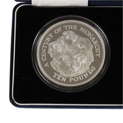The Royal Mint Guernsey 2000 and 2001 'Centuries of the Monarchy' silver proof set, comprising two five ounce ten pound coins, cased with certificate