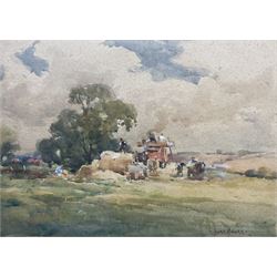 Owen Bowen (Staithes Group 1873-1967): 'Thrashing at Collingham', watercolour signed, titled verso 25cm x 35cm 