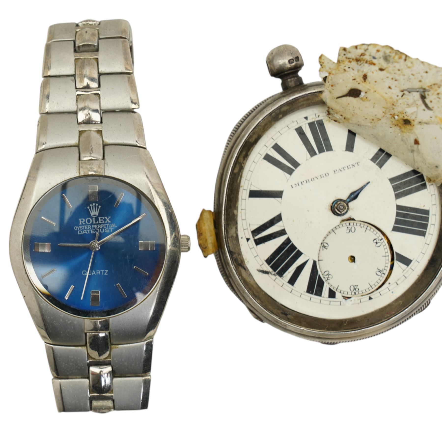 Silver pocketwatch marked Robert Gravenor, Chester, 1892 (damaged), 2017 silver Krugerrand with four other coins; and a Rolex style wristwatch