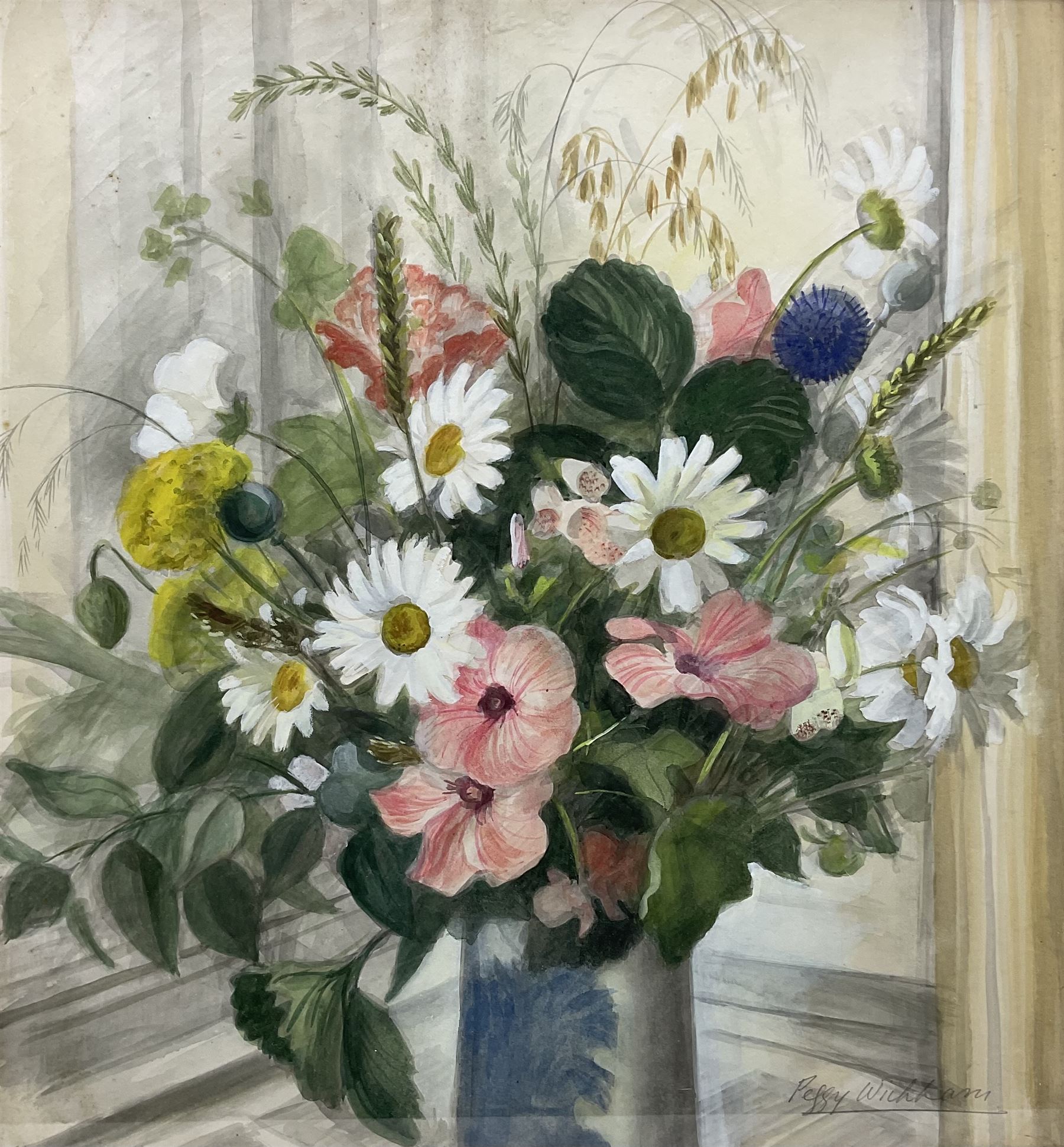 Peggy Wickham (British 1909-1978): 'Summer Flowers', watercolour signed, titled on 'Friends of Abbot Hall Picture Loan Scheme' label verso 53cm x 49cm 
Notes: Wickham was the daughter of Mabel Lucy Atwell and Harold Earnshaw.