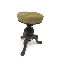 Victorian mahogany swivel piano stool, turned column, acanthus carves cabriole legs, H51cm