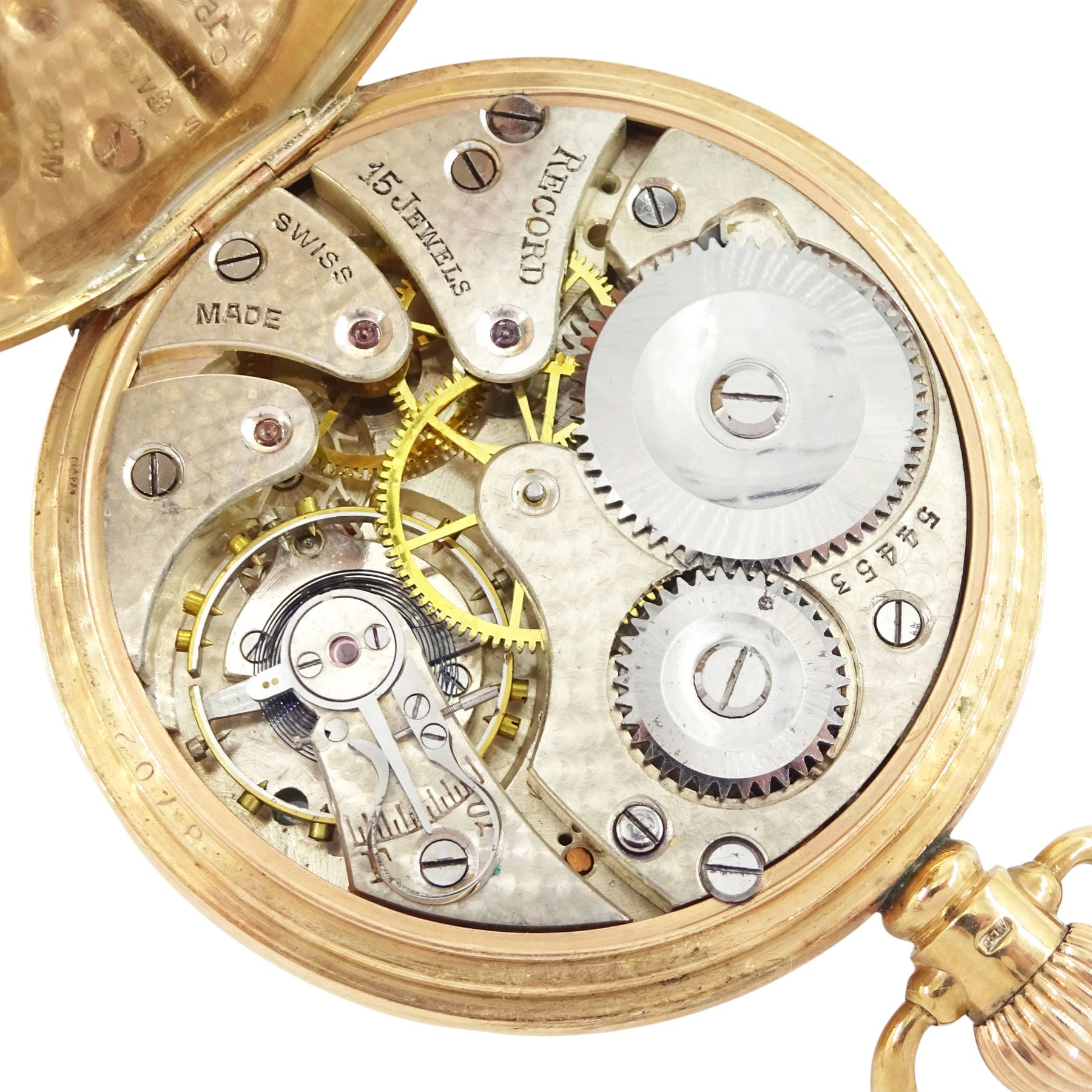 Early 20th century 9ct gold half hunter keyless lever pocket watch by Record, No. 54453, white enamel dial with Arabic hour markers and subsidiary seconds dial, case by Dennison, Birmingham 1928