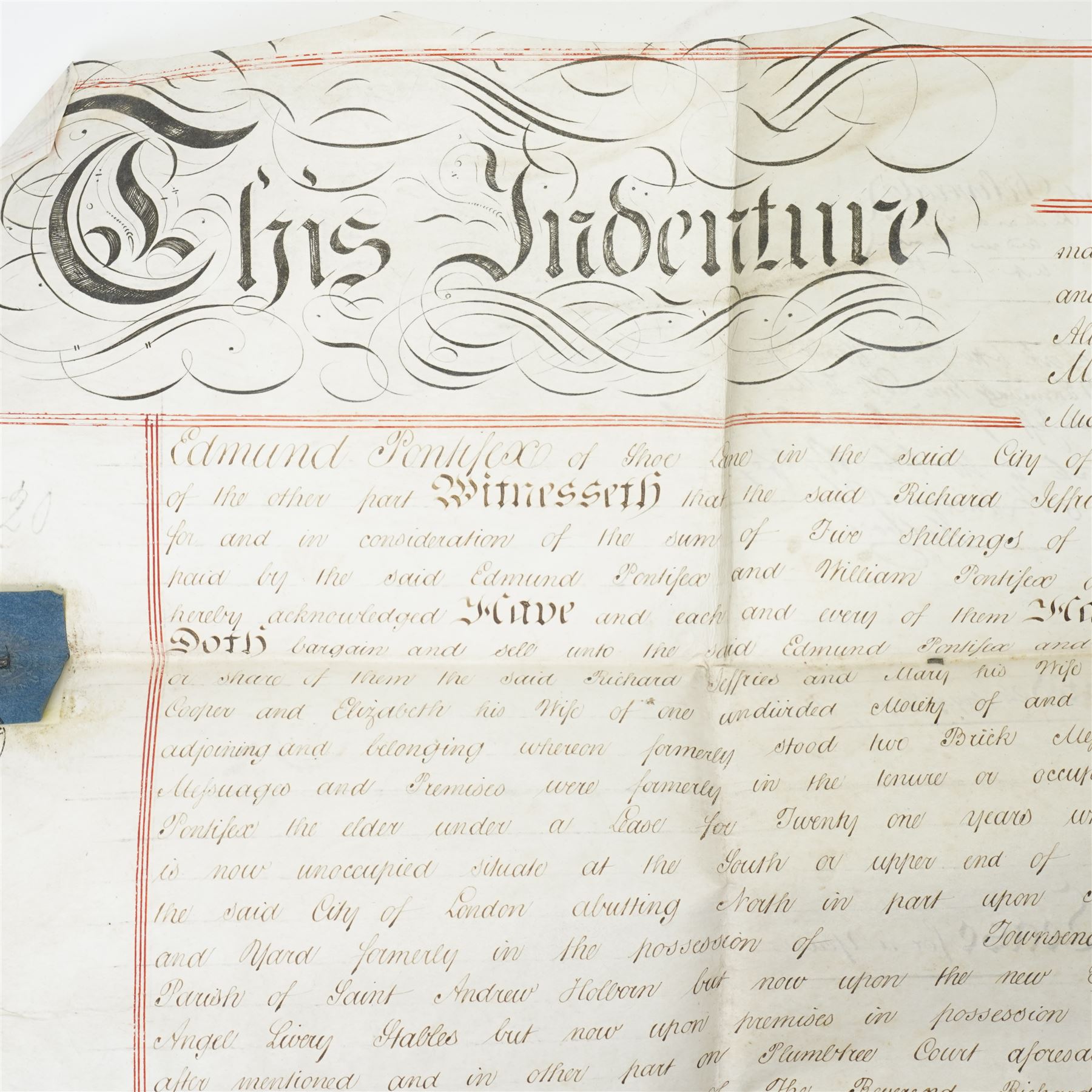 18th century Indenture between Thomas Hyde, citizen and fishmonger of London and Tobias Hodgson, citizen and joiner of London 1751, framed 56cm x 68cm and a 19th century lease regarding property in Soho 1834 (2)