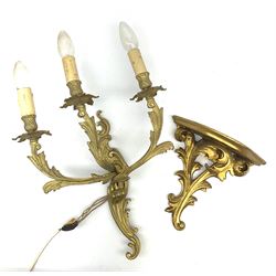 Rococo style gilt metal three branch wall sconce wall light, H40cm, together with a gilt wall sconce or bracket, the support modelled in the form of acanthus leaves, H23cm. 