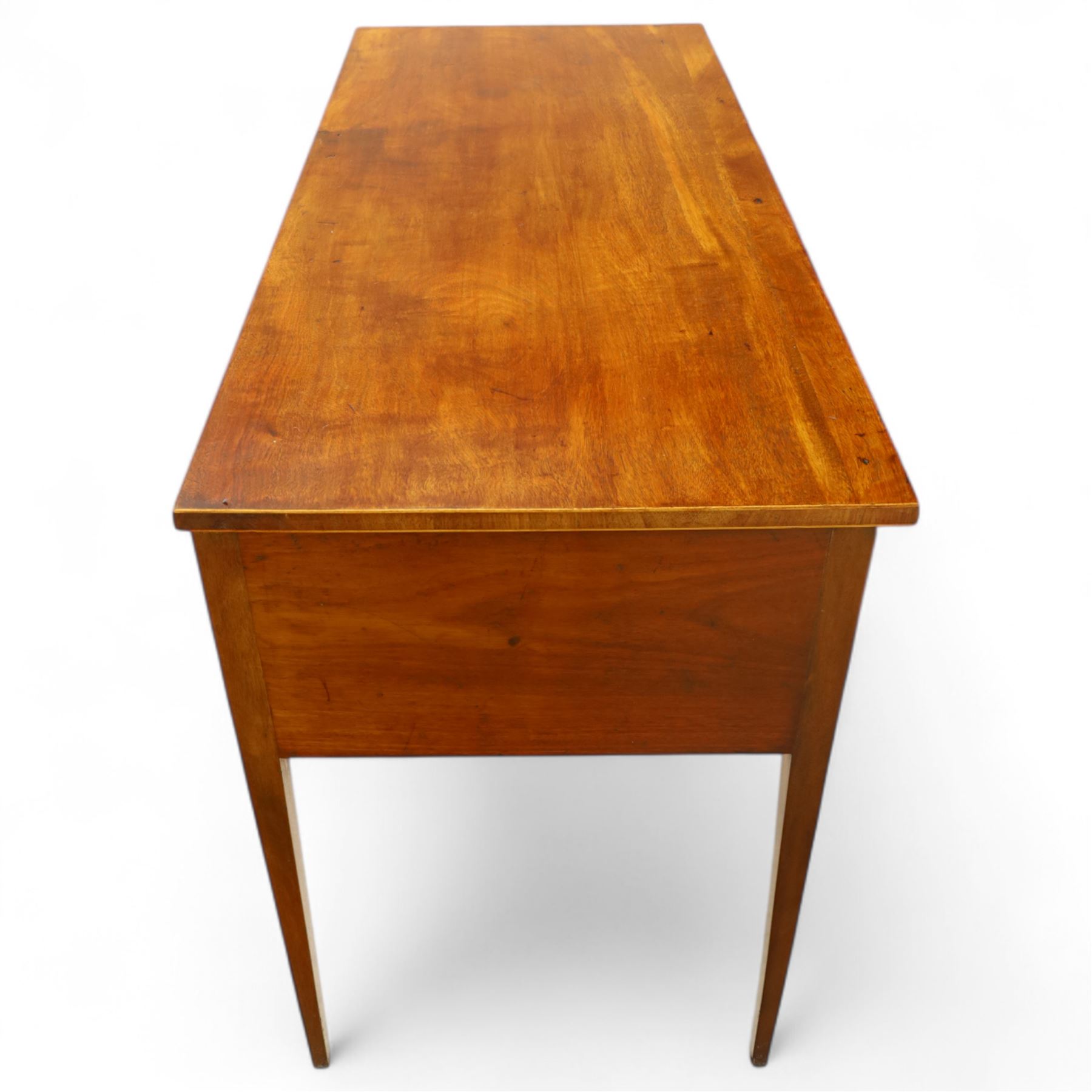 George III inlaid mahogany side table, rectangular top over three cockbeaded drawers with oval brass backplates and handles, on square tapering supports