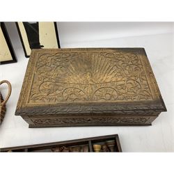 Two Scott-Ford framed silhouettes, featuring the standing profile study of a man dated 1929 and a pair of women dated 1929 and 1930, together with a box containing wooden chess pieces and a serving tray 