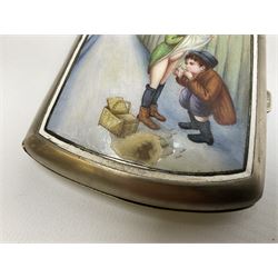 Early 20th century Continental erotic cigarette case, the silver-plate body of curved rectangular form with cover decorated with painted enamel street scene depicting young boy in squatting position lighting a cigarette shielded from the wind by his girlfriend, who is lifting the skirt of her dress up over him, with gilt interior, L9cm