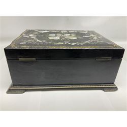Victorian papier mâché box decorated throughout with gilt scrolls, the cover with hand painted floral spray surrounded with inlaid mother of pearl, L30cm D24 H13cm