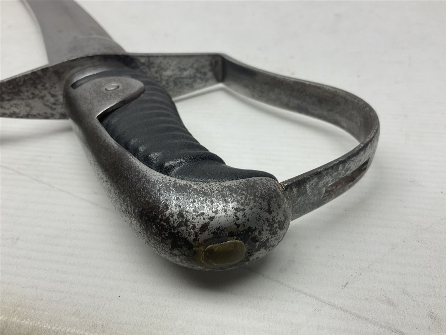 British 1796 Pattern Light Cavalry trooper's sword, the 84cm curving fullered blade stamped Hadley.1 to the back edge, steel hilt with knucklebow, D-shaped langets and leather grip; in polished steel scabbard stamped Osborn & Gunby Birmm. and W.R.16 ( ?16th Light Dragoons) with two suspension rings L100cm overall