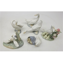  Two Lladro geese groups no. 4895 & 1439 another Lladro goose,  and three similar Nao figures (6)  
