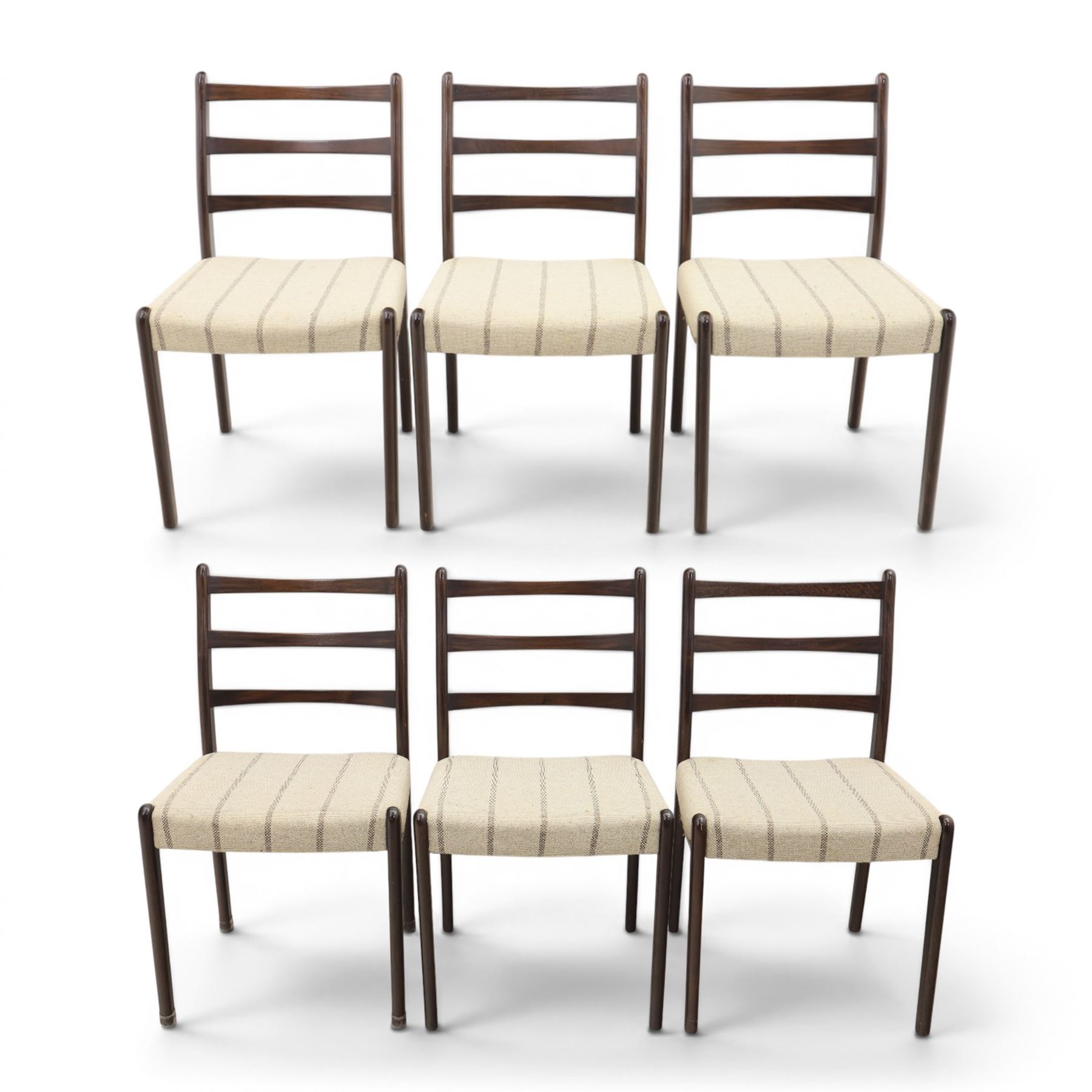 Danish Oversea Furniture - Set of six mid-20th century ladder back dining chairs, upholstered striped seat
