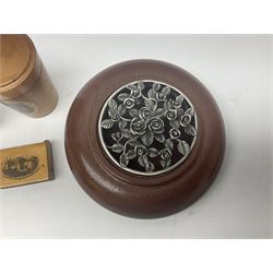 Two Mauchline ware boxes, comprising case modelled as a book depiciting The Ancient Entrance Gate, Stirling Castle, and lidded jar depicting Hythe Church, The Crypt, together with Russian lacquer box and other wood pot pourri bowl