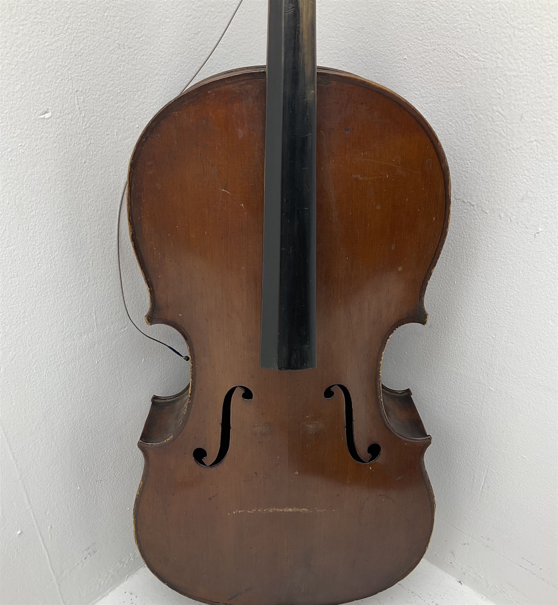 German Saxony three-quarter size cello for restoration, c1920, with 69cm two-piece maple back and ribs and two-piece spruce top, L111cm overall; with bow and canvas carrying case