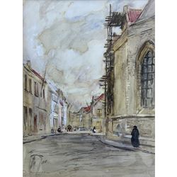 Rowland Henry Hill (Staithes Group 1873-1952): 'A Street Scene - Bruges', watercolour heightened in white signed and dated 1911, original title label verso 47cm x 35cm