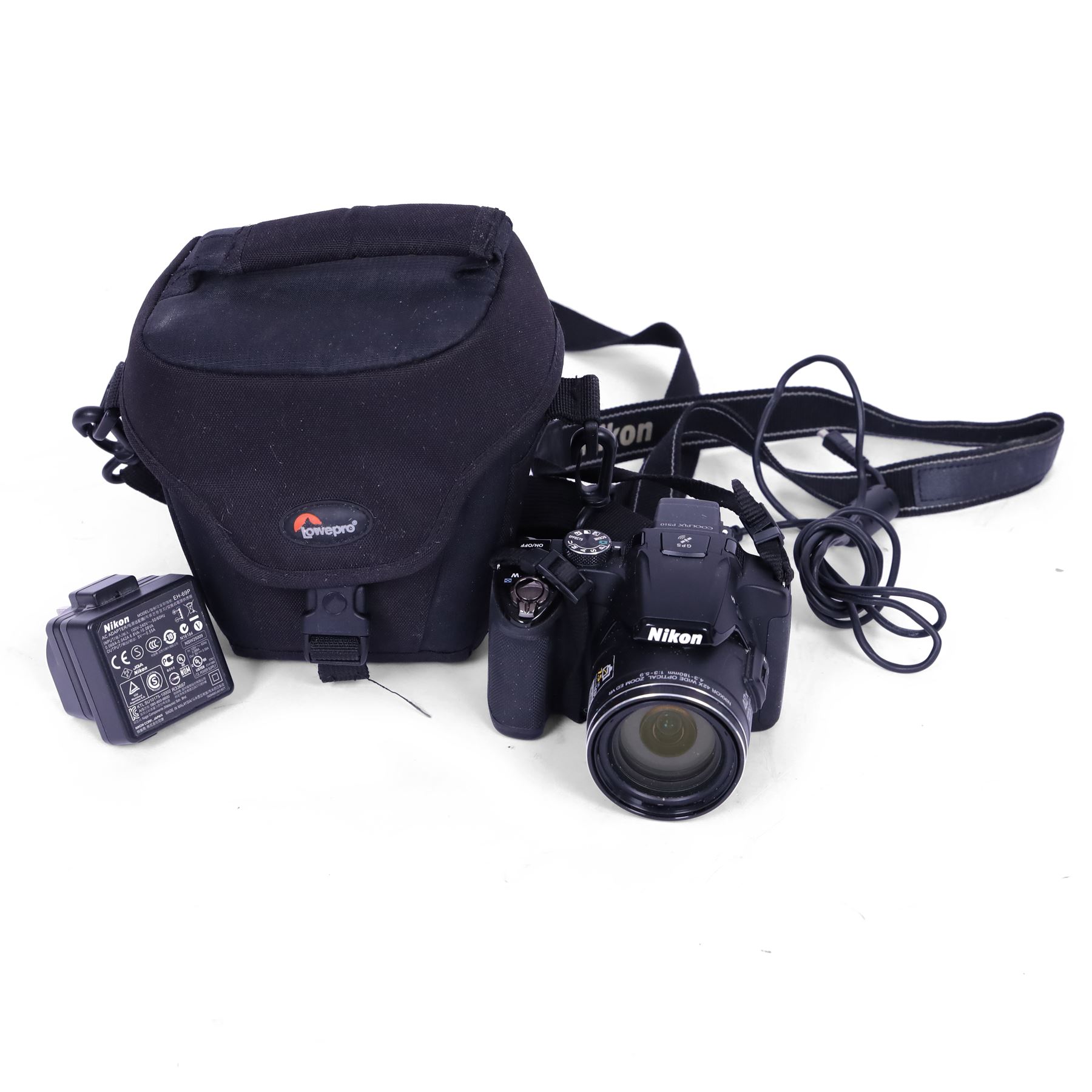 Nikon Coolpix P510 super zoom bridge camera with a Nikkor 42X wide angle optical zoom ED VR lens, serial no. 41163141, in a Lowepro case