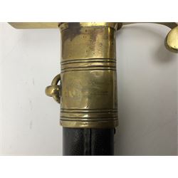 Five-ball spadroon sword with 78.5cm fullered steel blade and brass hilt with fluted swollen grip; in brass mounted leather scabbard, the locket with traces of the makers name John Knubley 11 Charing Cross L97.5cm overall