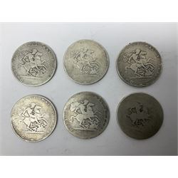 Six George III silver crown coins, dated three 1819, two 1820 and one with illegible date