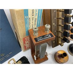 Collection of scientific and technical instruments etc including boxed 'Force on a Conductor' apparatus; vintage GPO resistance box; current deflection meter; vintage X-ray generator tube; small glass electroscope; two demonstrator solenoids; two magdeburg spheres; travelling balance scales etc; some by Philip Harris Ltd
