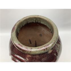 Large studio stoneware pottery planter/vase of baluster form, decorated with mottled dark red and duck egg blue design, H48cm