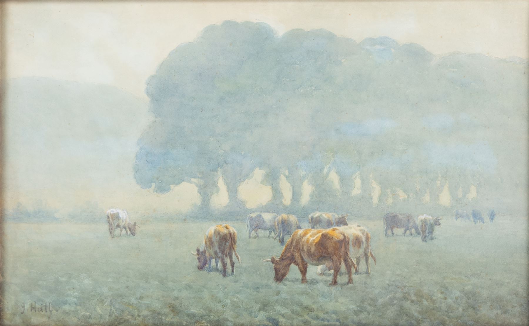 J Hall (British 19th Century): Summer Evening with Cows Grazing in a Pasture, watercolour signed 31cm x 50cm 