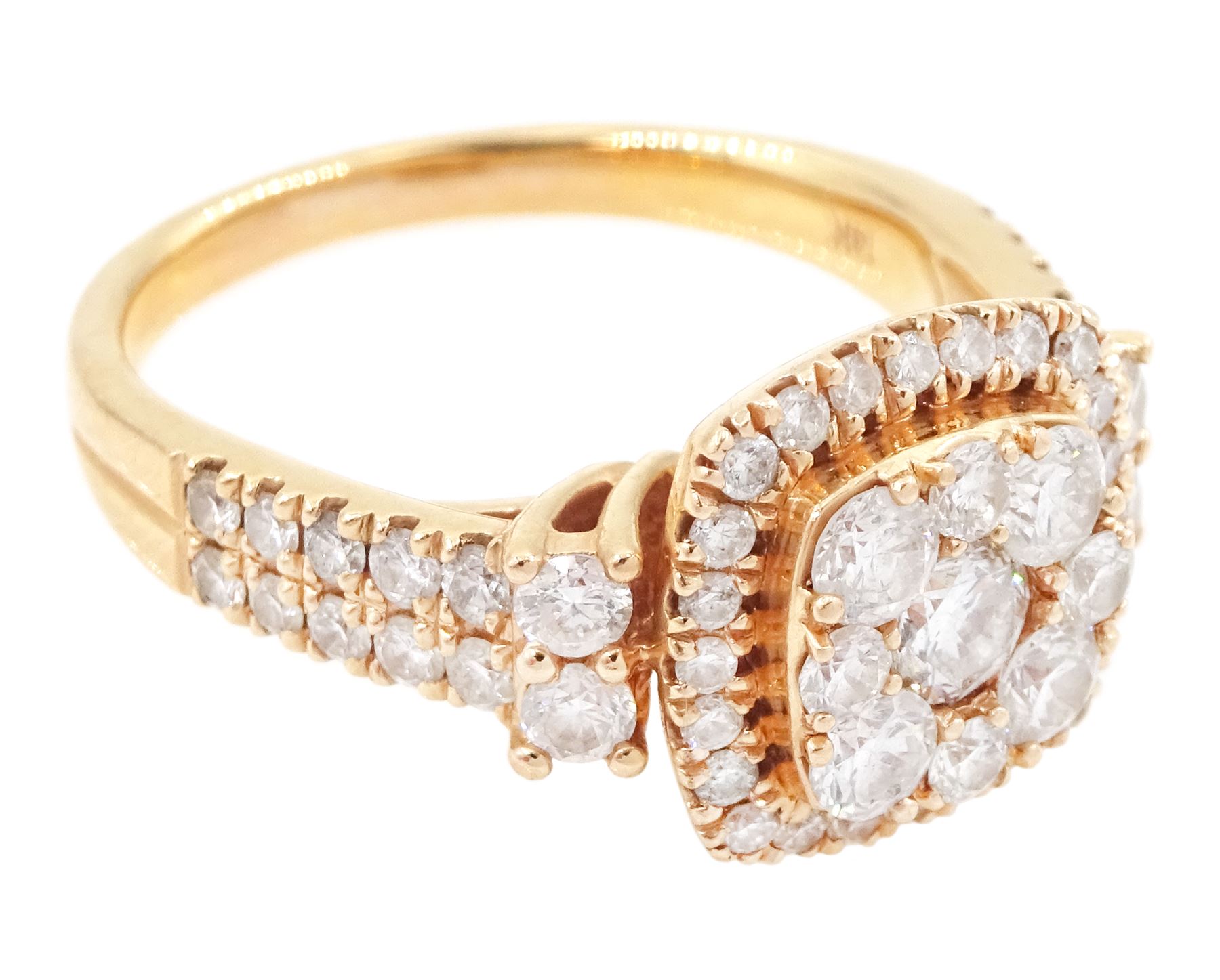 14ct rose gold round brilliant cut diamond halo cluster ring, with diamond set shoulders and gallery, stamped, total diamond weight approx 1.00 carat