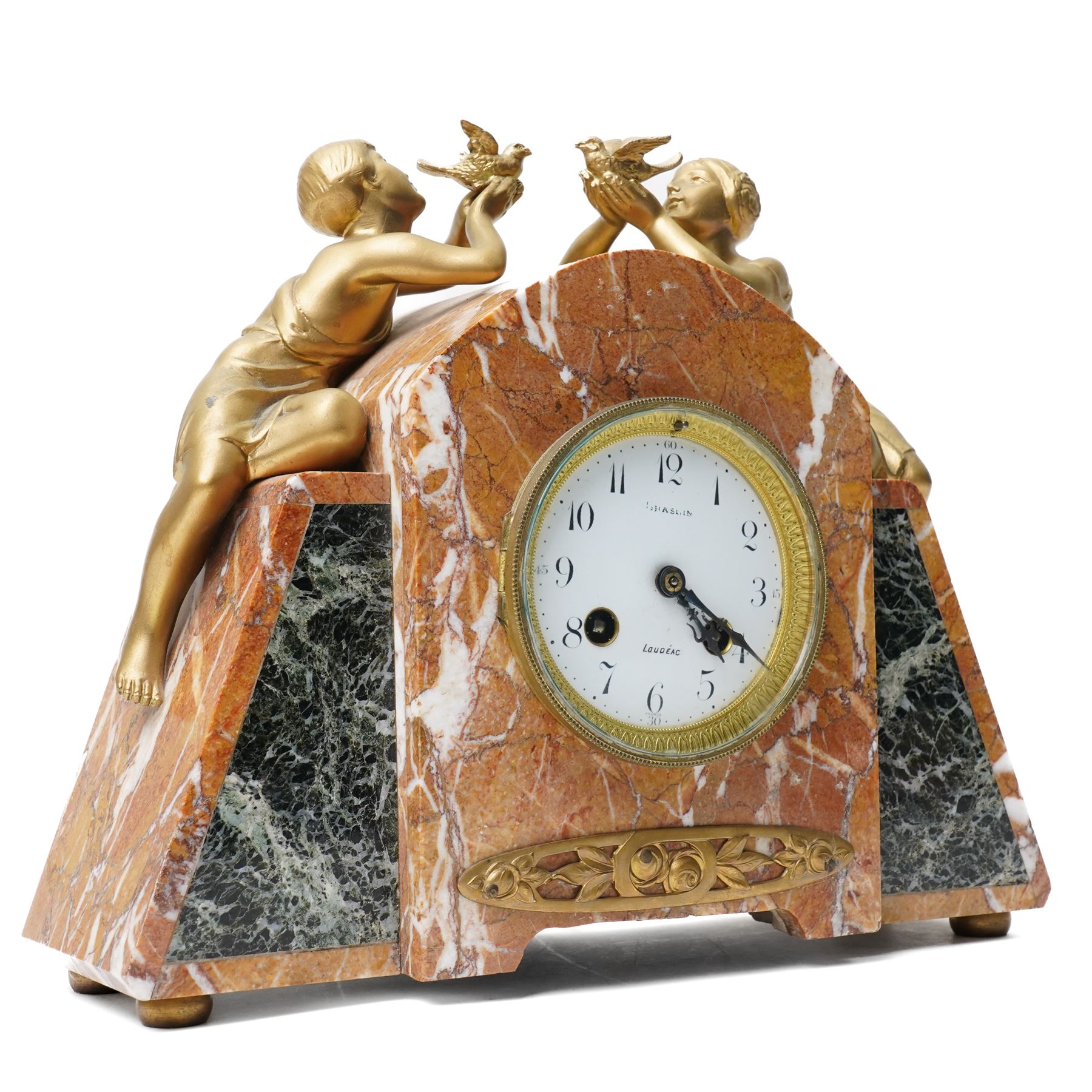 French Art Deco mantel clock, the white dial inscribed Loudeac, with bell strike in marble case surmounted by two gilt metal figures holding doves H26cm x W30cm