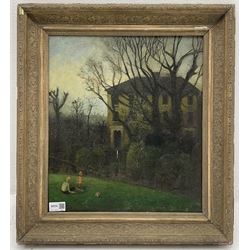 Barbara Hamlyn (British 20th century): Children Playing Outside Manor in Winter, oil on board signed verso 42cm x 37cm