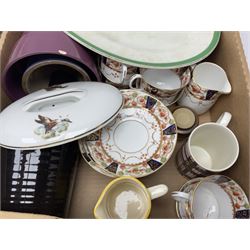 Four large meat platters, Royal Worcester Bunnykins mug and a large collection of other ceramics, including vases, dinner plates, teawares, etc, in five boxes 