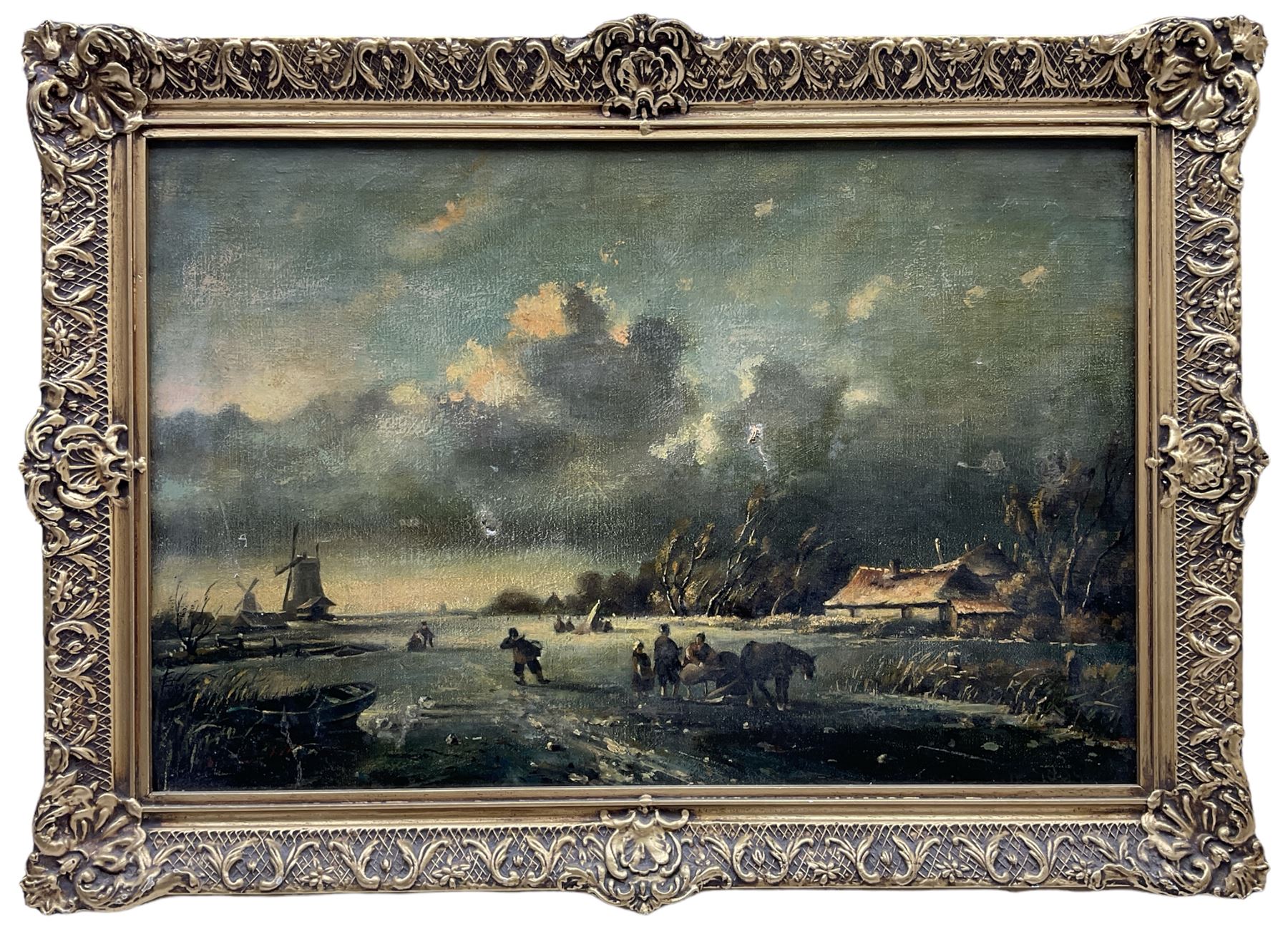 E Van Dam (Dutch late 19th century): Snowy Landscape with Figures and Windmills, oil on canvas signed and dated 1894, 30cm x 45cm