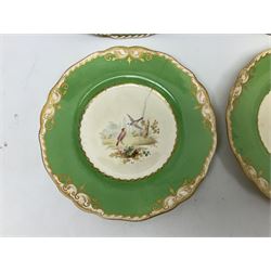 Set of four early 19th century plates, hand painted with birds within green and gilt ornate border D24cm