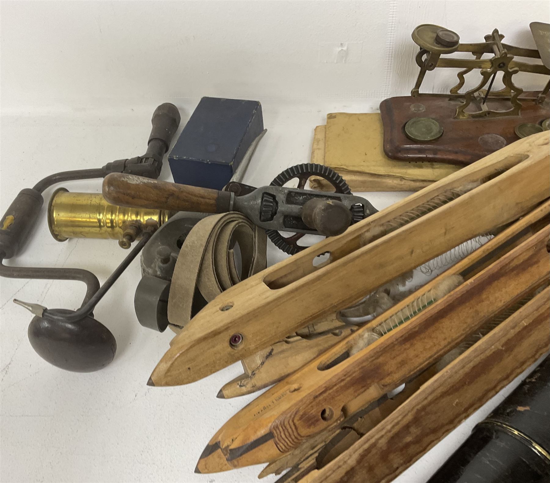 Brass telescope, together with various other collectables, to include mosley tie press, metal tins, oil cans etc 