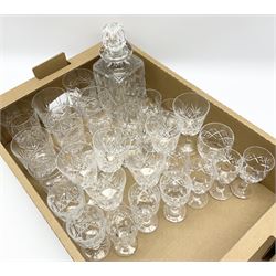 Cut glass decanter of straight sided form, together with a quantity of drinking glasses of various size and form, to include a number of sets of six, in one box 