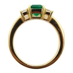  18ct gold emerald and baguette cut diamond ring, hallmarked, emerald approx 1.20 carat, diamond total weight approx 0.70 carat  
[image code: 4mc]