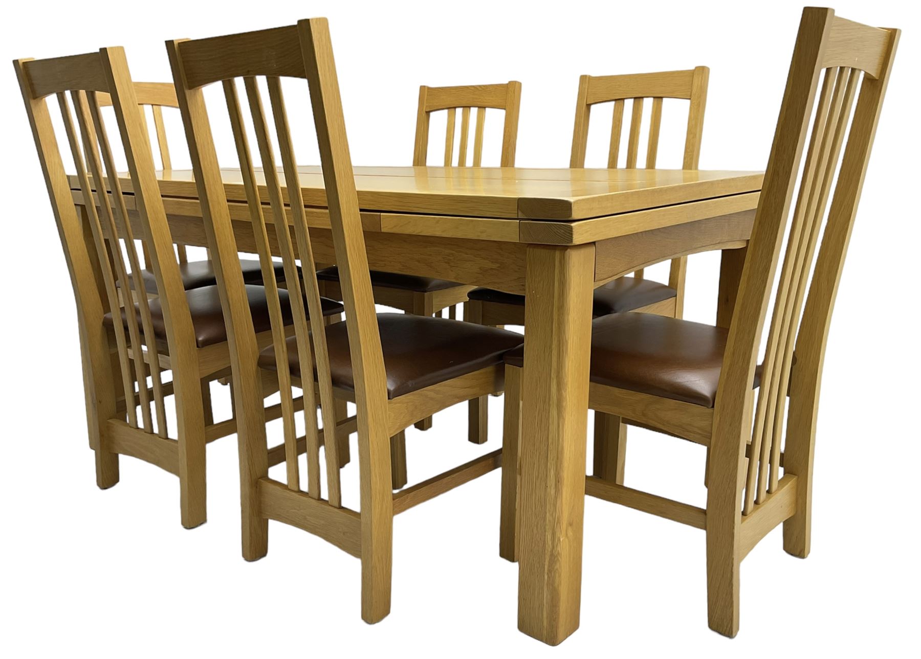 Multi-York - light oak dining table, rectangular draw leaf extending top, on square supports; together with a set of six chairs high back dining chairs with brown leather upholstered seats 