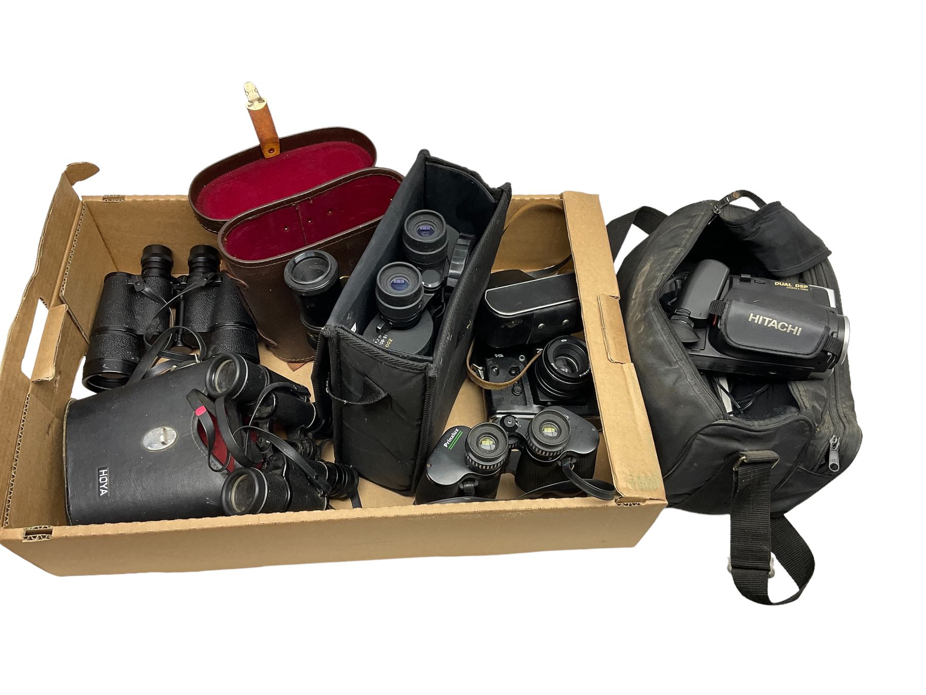 Quantity of binoculars to include pair of Sunagor Mega Zoom Fully Coated 15-80 X 70, Prinzlux, Telemax 5, Hoya 7x35 etc, together with Zenit camera, Hitachi video camera
