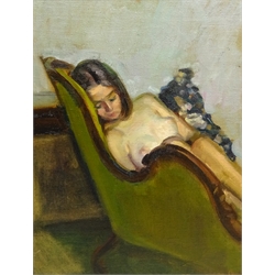  Olive Bagshaw (Northern British fl.1965-1978): Female Nude Sleeping on a Chaise Longue, oil on canvas laid on board unsigned 44cm x 34cm Provenance: from the Artist's Studio Sale. Miss Bagshaw who was born in Salford, received her formal art training at Salford and Manchester Art School. Her work has been regularly accepted at the Royal Society of Portrait Painters, the Royal Academy and Federation of British Artists (Information from a 1970's Monks Hall Museum and Gallery exhibition catalogue)  DDS - Artist's resale rights may apply to this lot  