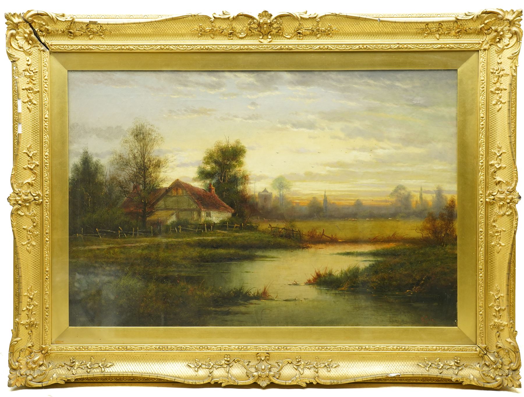 George Cole (British 19th century): Sunset over Thatched Cottage, oil on canvas signed 49cm x 75cm 